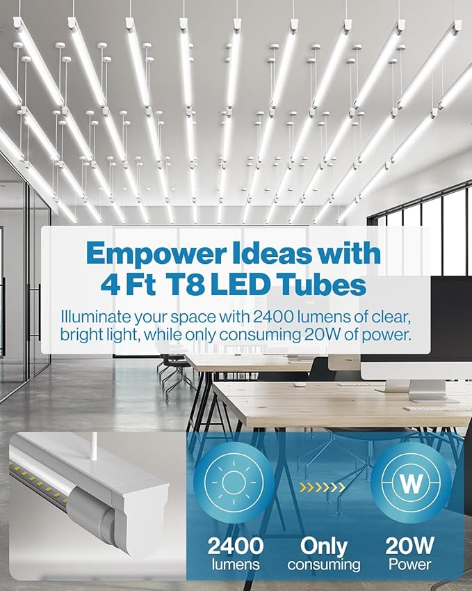 Sunco 50 Pack T8 LED Bulbs 4 Foot, 48 Inch Tube Light Bulbs Fluorescent Replacement, Single or Double Ended Hybrid Type A+B, 2400 LM, 20W, 6000K Daylight Deluxe, Clear Lens ETL