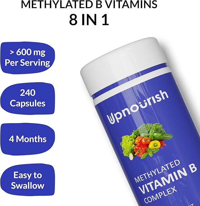 UpNourish メチル化B複合体ビタミン 女性と男性用、240植物性カプセル - オーガニック果物、野菜、B1チアミン、B2リボフラビン、B3ナイアシン、葉酸、メチルコバラミン配合の活性純粋B複合体