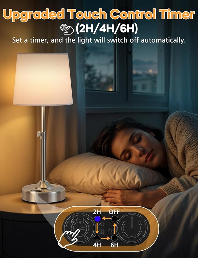 Height Adjustable Cordless Table Lamp with 2H/4H/6H Timer, Rechargeable Battery Operated Lamp Dimmable, Portable Battery Lamp for Camping Restaurant, Brushed Nickel LED Wireless Lamps, Bulb Included