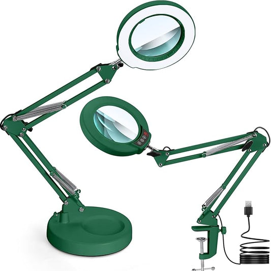 12X Magnifying Glass with Light and Stand, Upgrade Button 5 Color Modes Stepless Dimmable, 2-in-1 LED Lighted Magnifier Light, Hands Free Desk Lamp with Clamp for Craft Hobby Close Work - Green