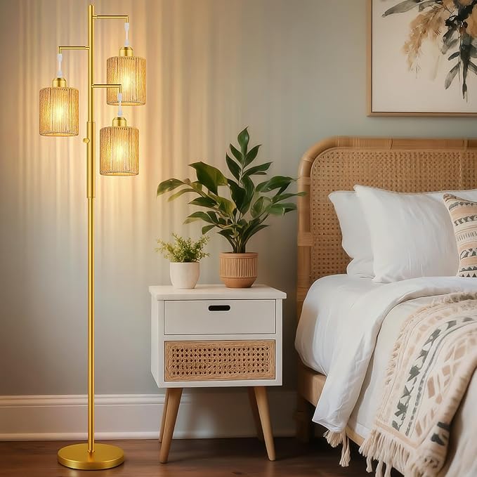 Hotsonic 72" Tall Boho Rattan Style Floor Lamp with Hand-Woven Paper Cord Shade, Dimmable Industrial Tree Standing Lamp for Living Room, Bedroom, Study Room, Office (3 x 800LM Bulbs Included) - Gold