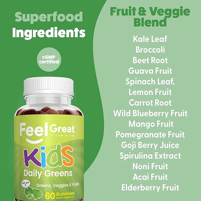 Feel Great Super Green Gummies pour enfants | Bonbons gélifiés aux fruits et légumes | Multivitamine gélifiée végétalienne pour enfants | Supplément de fibres végétales | 60 unités