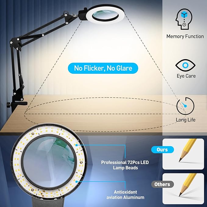 KIRKAS 12X Magnifying Glass with Light and Stand, Overhead Knob Magnifying Lamp for Workbench Craft, Sewing, LED Lighted Magnifier Real Glass Lens Adjust Arm Stepless Dimming and Color(22in Clamp)