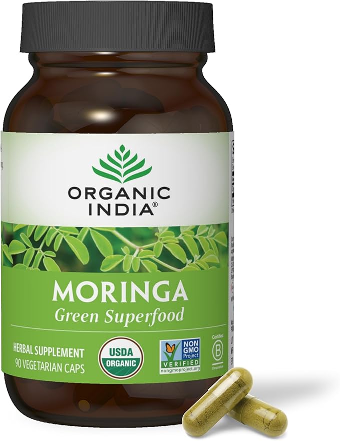 ORGANIC INDIA モリンガ ハーバル サプリメント - グリーン スーパーフード、高栄養価、純粋植物性タンパク質、ビタミンA、E、K、鉄、カルシウム、食物繊維配合、ヴィーガン、グルテンフリー、USDAオーガニック認証 - 90カプセル
