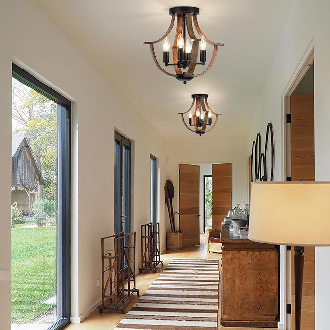 LAMPKEDUO Farmhouse Hanging Pendant Lighting, 4-Light Rustic Flush Mount Ceiling Light Fixture,Modern Faux Wood Vintage Chandelier for Dining Room Kitchen Island Foyer Hallway Entryway Bedroom