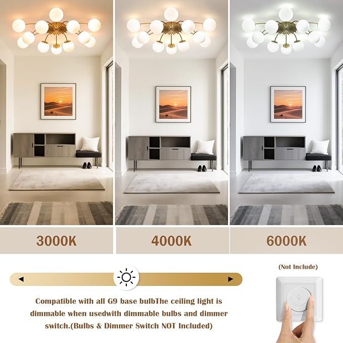 12-Light Milk Glass Pendant Light, 40" Sputnik Bubble Glass Chandelier Light Fixture, Hand Blown Semi Flush Mount Ceiling Chandeliers Lighting for Dining Room, Living Room (Gold, 12-Light Ceiling)