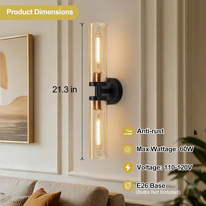 Indoi Wall Sconces Set of Two, Hardwired Black and Gold Bathroom Sconces Wall Lights with Amber Glass, Modern Sconces Wall Decor Set of 2 Vanity Light fixtures for Bathroom Mirror Living Room