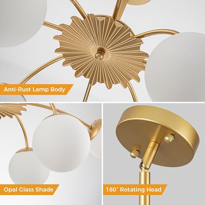 8-Light Milk Glass Pendant Light, 33" Sputnik Bubble Glass Chandelier Light Fixture, Hand Blown Semi Flush Mount Ceiling Chandeliers Lighting for Dining Room, Living Room (Gold, 8-Light Chandelier)