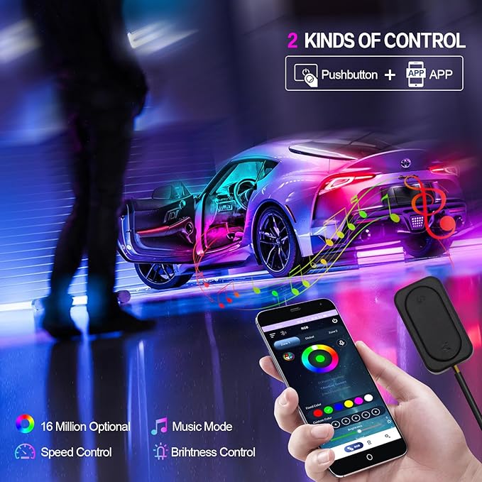 Dreamcolor Acrylic Interior Car Lights 6 in 1 RGB LED Strip Lights with APP Control 252 Color Modes DIY Fiber Optic Ambient Lighting Kits Music Car Neon Light Kits New Version