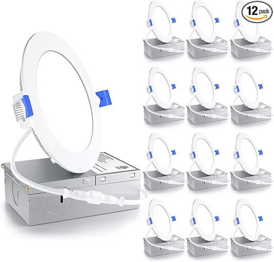 Ensenior 12 Pack 4 Inch LED Recessed Light, Dimmable, 5000K Daylight, 750LM High Brightness, 9W 120V, 2 Pin, ERL-9X-ETL, Damp Rated, Ultra-Thin Canless Wafer Ceiling Light - ETL & FCC & IC