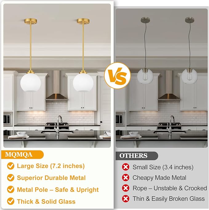 1 Pack 22"-50" Height Adjustable Glass Pendant Lights Kitchen Island, Globe Brushed Gold Pendant Lights with Milk Glass Shade, Mid Century Pendant Light Fixtures Kitchen Pendant Lighting over Island