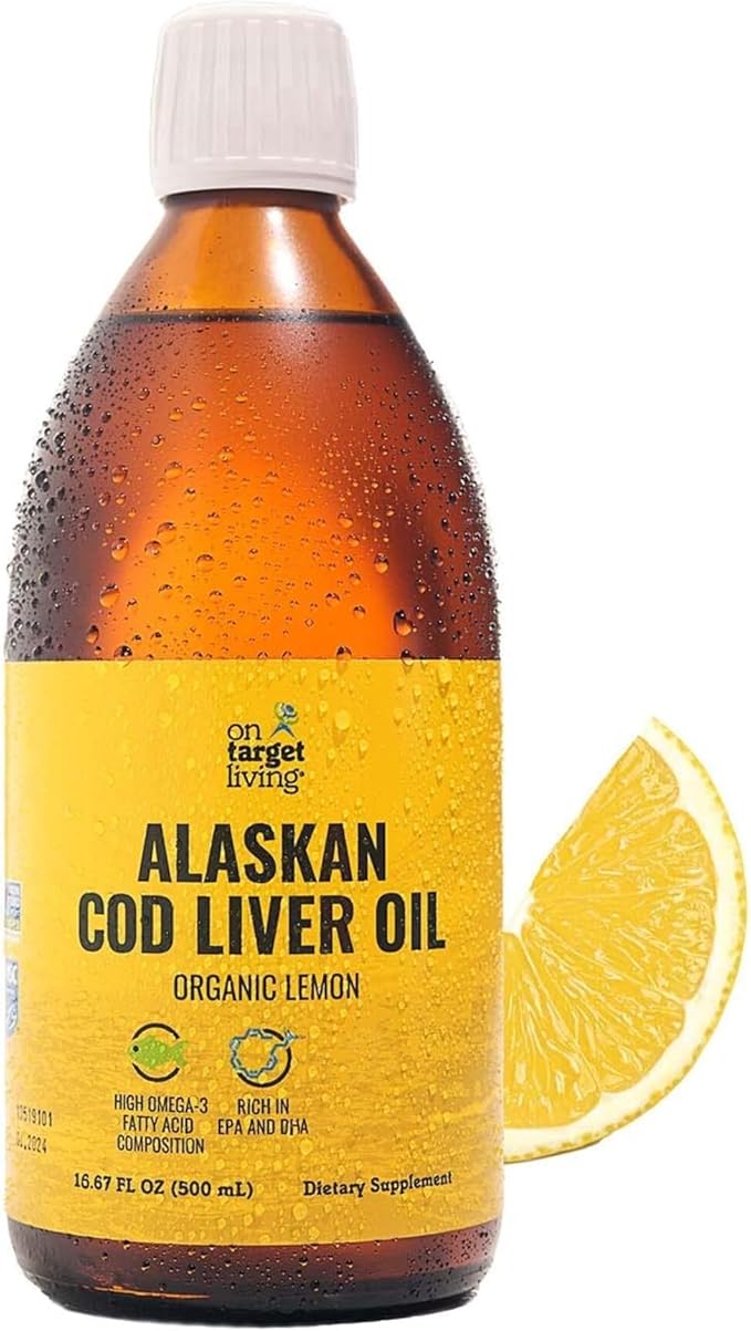 Huile de Foie de Morue Liquide On Target Living Alaskan | Saveur Citron Bio 493 ml | Pêche à la Ligne aux États-Unis | Vitamine D Naturelle | Riche en Oméga 3 DHA/EPA | Certifié Projet Sans OGM
