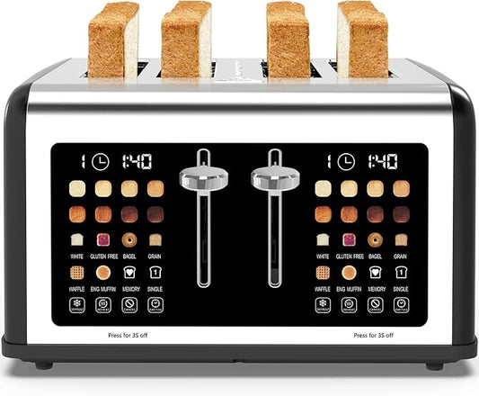 4 Slice Toaster Touch Screen, Stainless Steel Toasters Digital Timer, Dual Control Panel Toasters, 8 Shade Settings 6 Bread Types for Bagel, Cancel, Defrost 1650W Black
