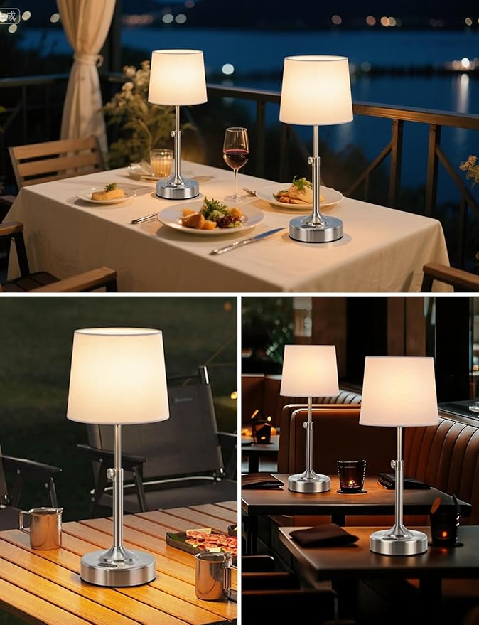 Height Adjustable Cordless Table Lamp with 2H/4H/6H Timer, Rechargeable Battery Operated Lamp Dimmable, Portable Battery Lamp for Camping Restaurant, Brushed Nickel LED Wireless Lamps, Bulb Included