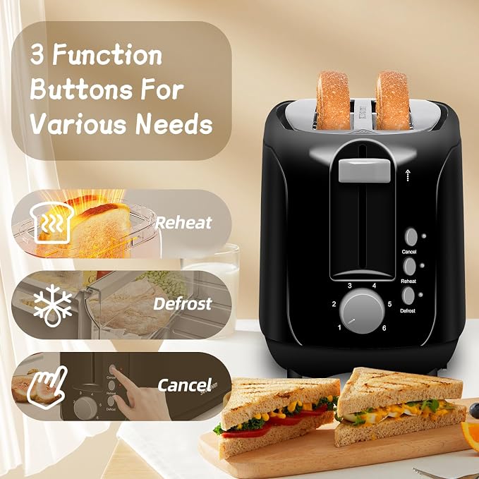 SEEDEEM 4 Slice Toaster, Extra Wide Slots Bread Toaster with 6 Shade Settings, Bagel/Cancel/Defrost/Reheat Functions, Removable Crumb Tray, Auto Shut-Off, Black