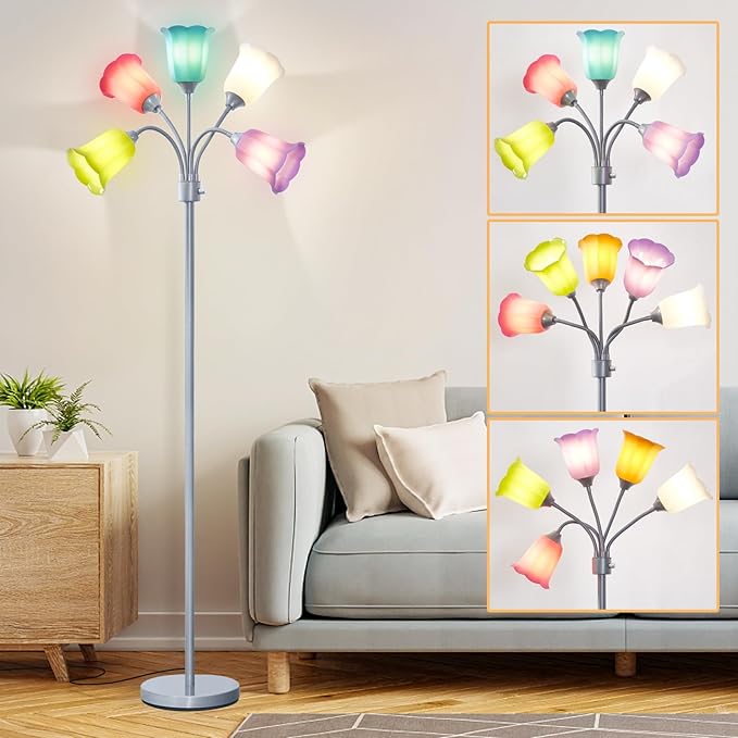 GyroVu Medusa LED Floor Lamp, Multi Head Modern Tall Lamp with Adjustable Gooseneck Standing Lamps Led Tall Lamp for Living Room Bedroom Kids Room Office 6 Color Lampshades Bulb Not Included Silver