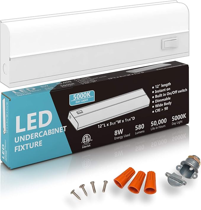 Hardwired LED Under Cabinet Lighting - 8 Watt, Dimmable, CRI>90, 5000K (Day Light), Wide Body, Long Lasting Metal Base with Frost Lens, 12" Inch
