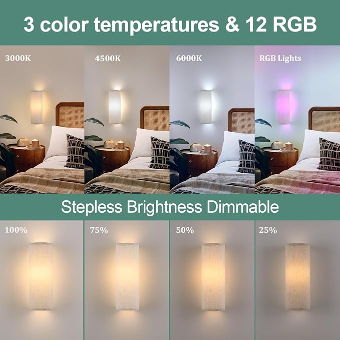 Shenmoyl Adhesive Battery Operated Wall Sconce Set of 2, 6000 mAh Battery Rechargeable Bulb with 12 RGB Colors, Stick on Wall Sconce No Drill Wall Lights, Linen