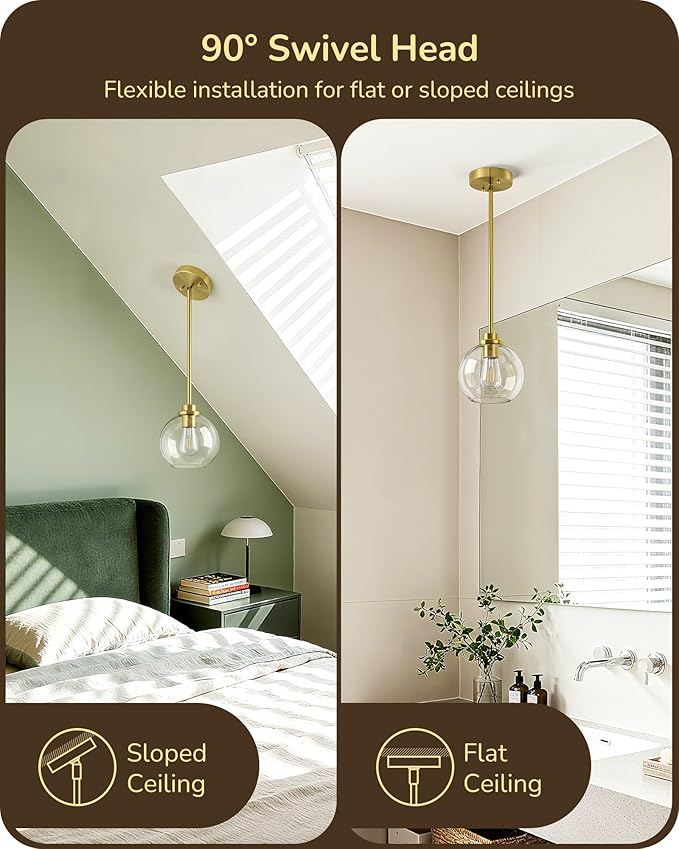 EDISHINE Pendant Lights Kitchen Island, Modern Gold Hanging Light Fixture with Clear Glass Globe Shade, Hardwired Adjustable Metal Rod for Dining Room, Entryway, 1 Pack