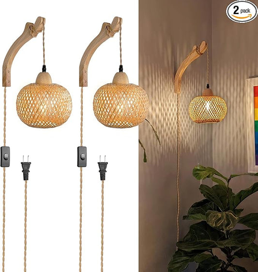 Frideko Bamboo Wall Sconces Set of Two Plug in, Boho Wall Lamp with Plug in Cord, Farmhouse Wall Light Fixtures with 9.84FT On/Off Switch Cord, Rattan Sconces Wall Lighting for Bedroom Living Room