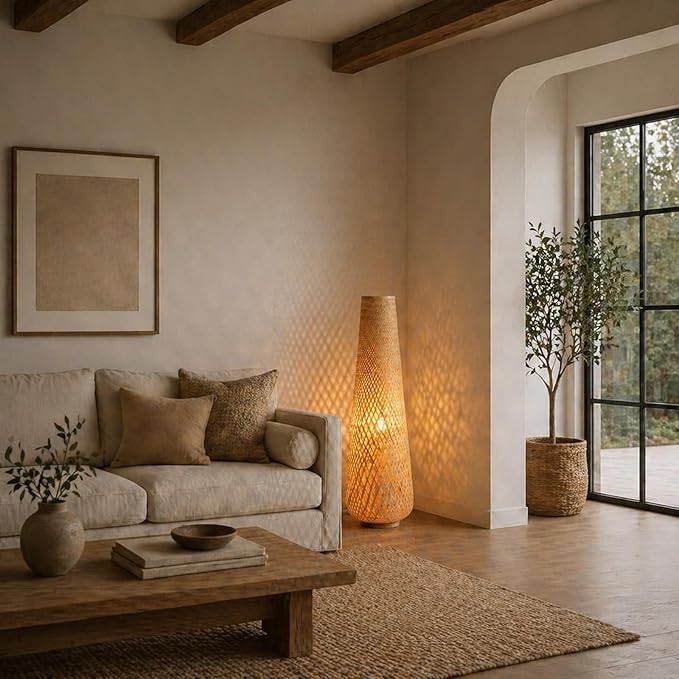MIXL-Farmhouse Style Bamboo Floor Lamp,Large Wicker Indoor Floor Light,Boho Standing Light Plug in,Modern Minimalist Standing Lamp for Living Room Bedroom