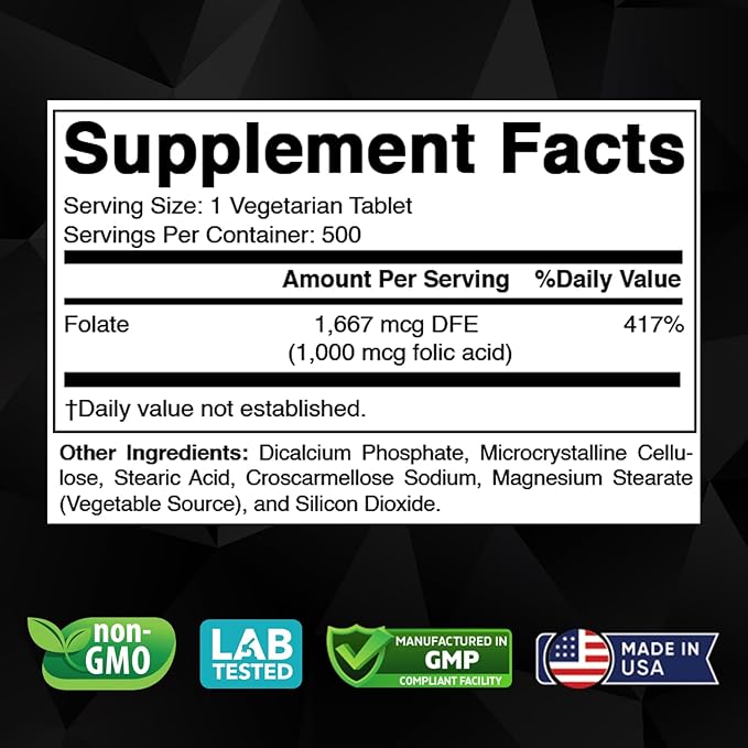 Vitabod Folic Acid 1 mg (1000 mcg) (Vitamin B9) - 500 Vegetarian Tablets - an Essential Prenatal and Postnatal Vitamin