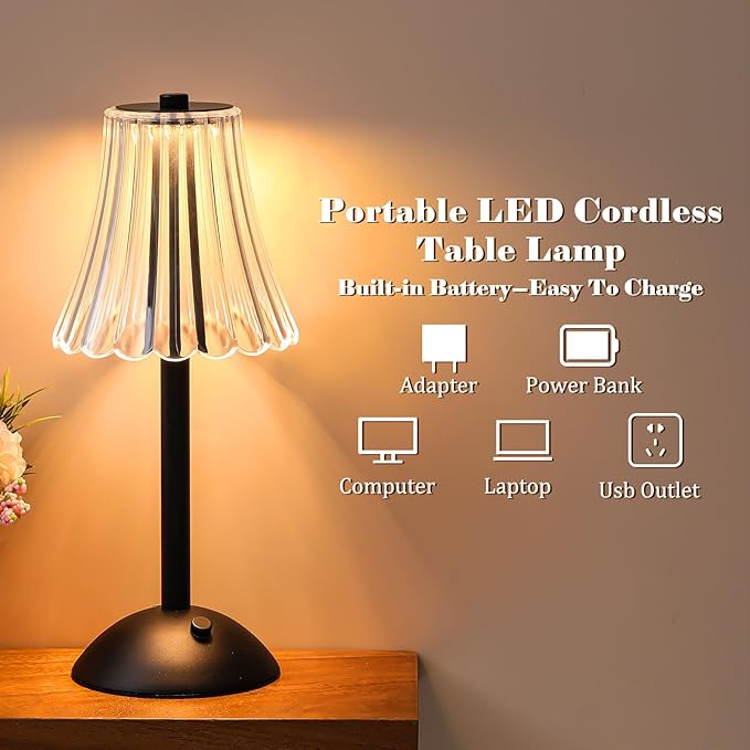 Liliful 6 Pcs Cordless Table Lamp Rechargeable Touch LED Small Gold Portable Battery Operated USB-c Desk Lamp 3 Color Dimmable for Bedroom Living Room Dining (Black,Rose Style)