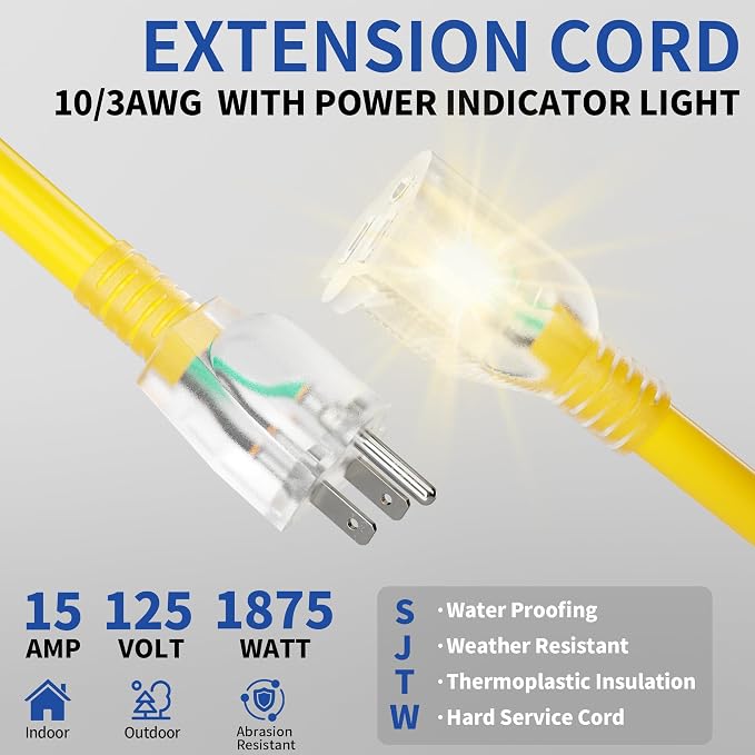 10ft Outdoor/Indoor Extension Cord with Lighted 10/3 Gauge Ultra 3 Prong Heavy Duty SJTW, Waterproof, Flexible Cold-Resistant,15A 125V 1875W, Yellow