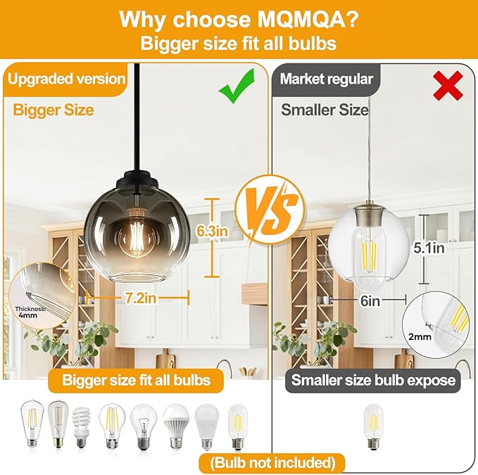 2 Pack 22"-50" Height Adjustable Glass Pendant Lights Kitchen Island, Globe Matte Black Pendant Lights with Grey Glass Shade, Mid Century Pendant Light Fixtures Kitchen Pendant Lighting over Island