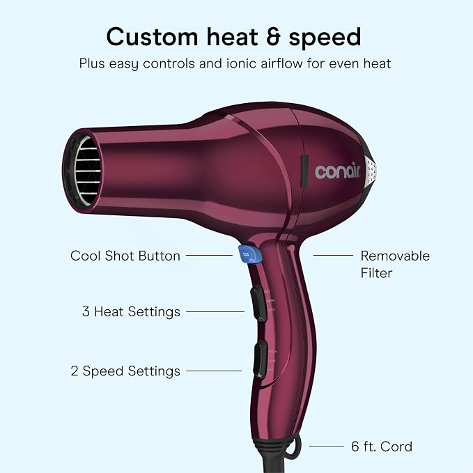 Conair Salon Hair Dryer | 1875-Watt AC Motor Fast Drying Salon Dryer, Reduces Frizz with Ionic Technology, Burgundy with Bonus Brush, 279BRL