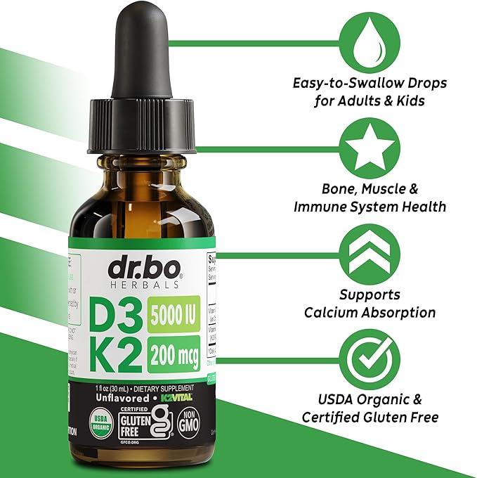 Vitamine D3 K2 Gouttes Liquides - Complément Liquide Bio D3K2 Vitamine D3 K2 Huile TCM pour Adultes & Enfants, Absorption du Calcium Os Solides - Compléments Vit D et K 5000 UI, Vitamines D + K MK7 30 ml