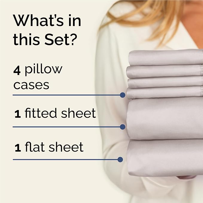 Full 6 Piece Sheet Set - Comfy Breathable & Cooling - Ultra-Soft Hotel Luxury Bedding Set with 8-16 Inch Deep Pockets - 1 Flat & 1 Fitted Sheet & 4 Pillowcases - Wrinkle Free & Easy Care - Light Grey