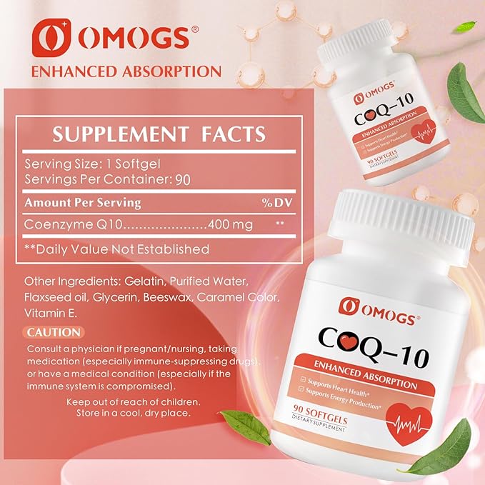 OMOGS CoQ10 400mg Softgels, Coenzyme Q10 High Absorption Supplements Support Heart Health, Cardiovascular Health, Immune System & Cellular Energy Production, Gluten Free, 90 Softgels