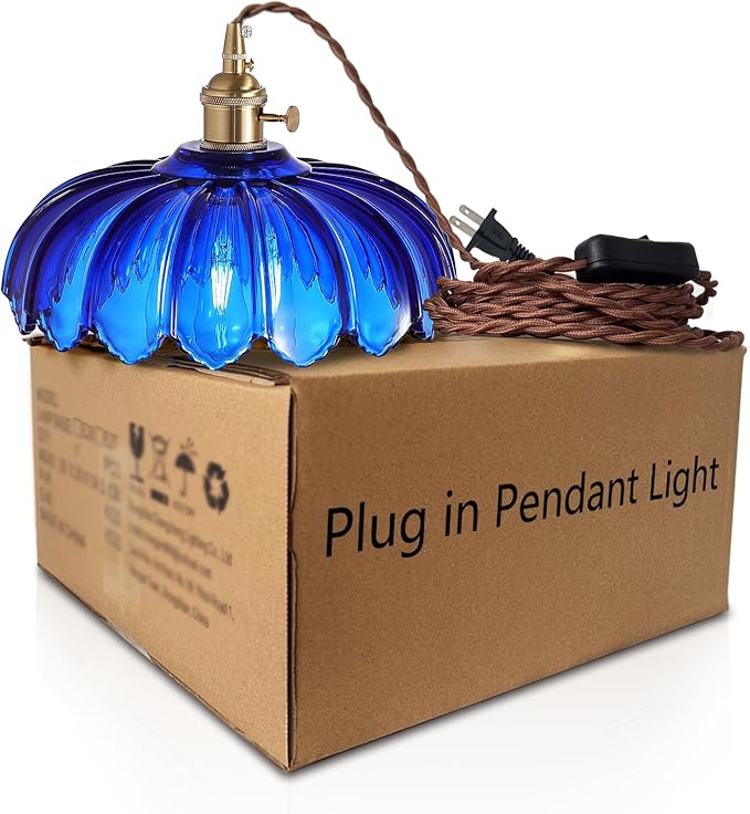 XZHGCEE Plug in Pendant Light: Bule Hanging Light Plug in Fixture Hanging Lamp, Glass Pendant Lighting for Kitchen Island, Bedroom, Dining Room, Living Room, E26 No Bulb