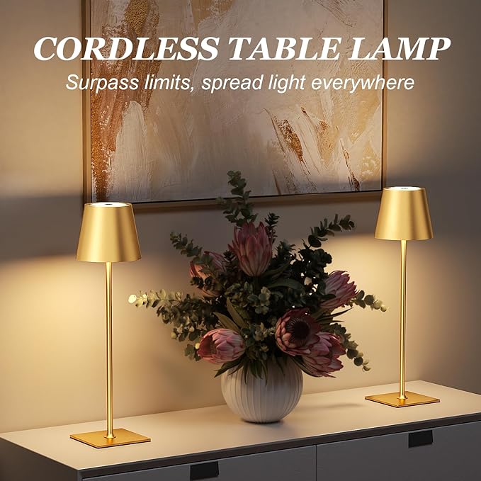 Kakanuo Gold Cordless Rechargeable Table Lamp 5000mAh Battery Operated Lamps, 3 Colors Stepless Dimming Touch Lamp for Dining, Living Room, Outdoor Patio, Kitchen Counter, 4 Pack