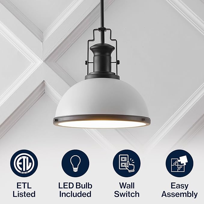 JONATHAN Y 13" Matte Black/White Modern Industrial Iron LED Dome Pendant Light, Adjustable Hanging Fixture for Kitchen Island or Entryway, White Metal Shade, LED Bulb Included (JYL9536E)