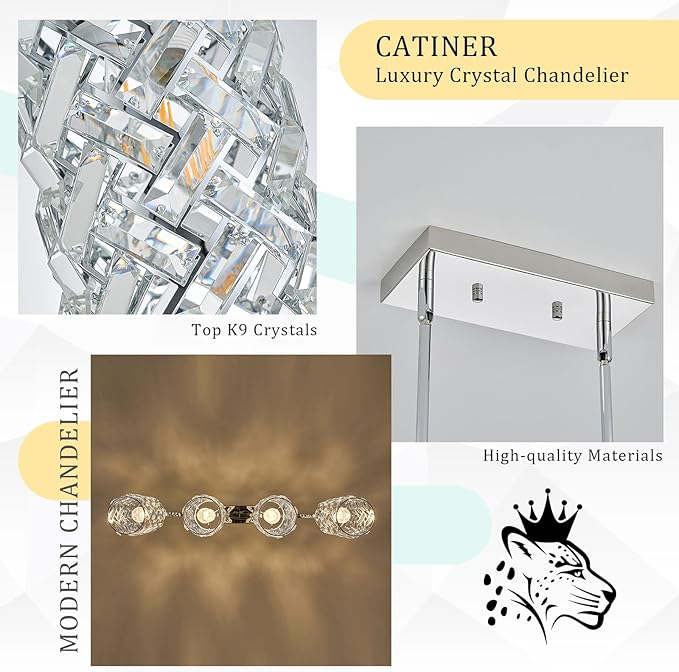 CATINER Chrome Crystal Kitchen Island Lighting 40" Modern Linear Chandelier, 4 Lights Polished Chrome Ceiling Pendant Light Fixture Over Table for Dining Room Living Room