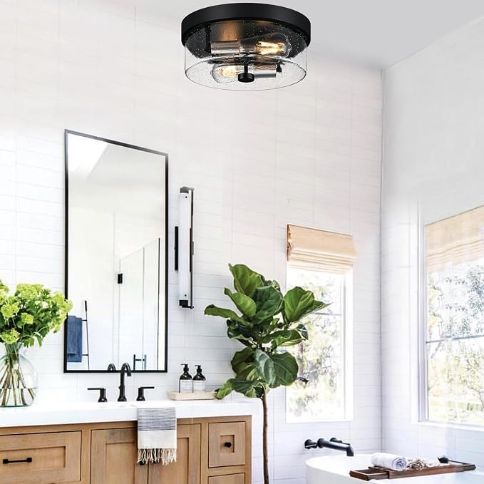 Flush Mount Ceiling Light Fixtures, 2-Light Black and Silver Ceiling Mount for Farmhouse with Seeded Glass Lampshade, Industrial Flush Mount Light Fixture for Hallway, Kitchen, Entryway and Foyer