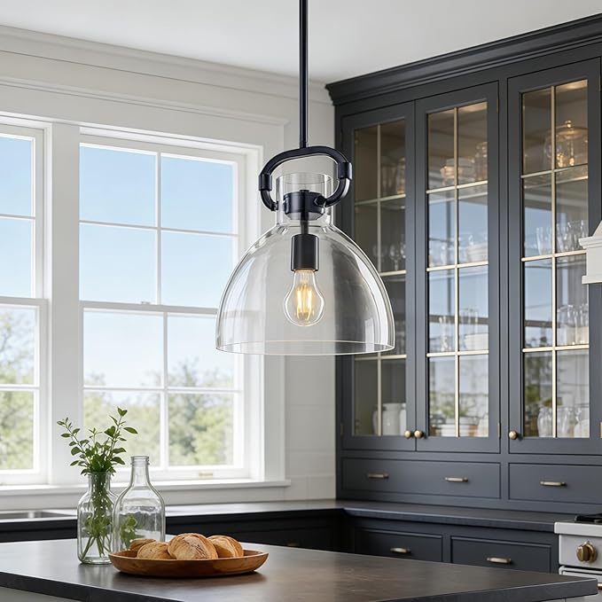 9.8'' Farmhouse Glass Pendant Lights Kitchen Island, 1-Light Modern Black Kitchen Island Lighting, Pendant Light Fixtures for Dining Room Bedroom Over Table, E26