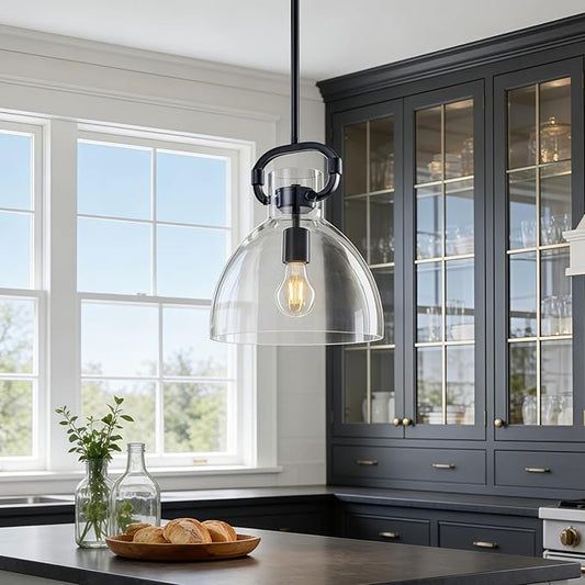 9.8'' Farmhouse Glass Pendant Lights Kitchen Island, 1-Light Modern Black Kitchen Island Lighting, Pendant Light Fixtures for Dining Room Bedroom Over Table, E26