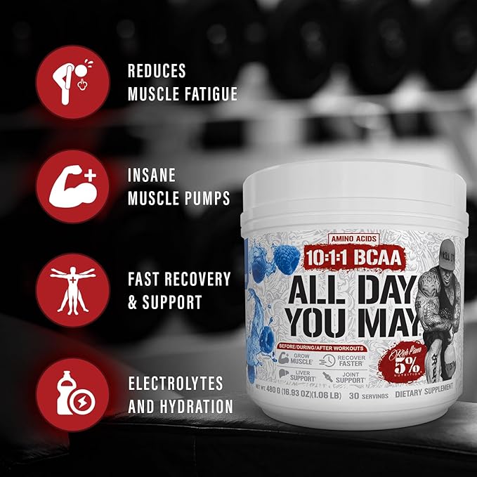 5% Nutrition Rich Piana AllDayYouMay BCAA Powder Premium Intra & Post Workout Amino Acids, Hydration, Endurance, Muscle Recovery, Joint & Liver (Lemon Lime)