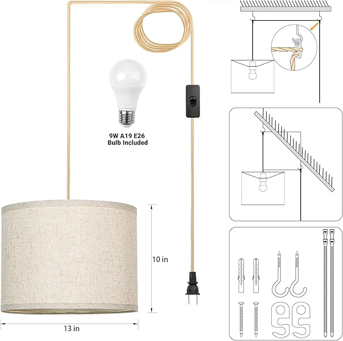 Qingmiao Boho Plug in Pendant Light, Hanging Lamp Plug in with LED Bulb, 3-Way Dimmable Hanging Light Fixture for Living Room Bedroom Kitchen Ceiling Farmhouse Home Decor