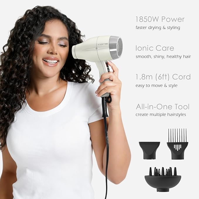 TOME Hair Dryer with Diffuser, 1875W Ionic Blow Dryer with Comb Attachment and Concentrator for Home Use, Fast Drying with Cool Shot and 2 Heat & 2 Speed Settings, 125V, White