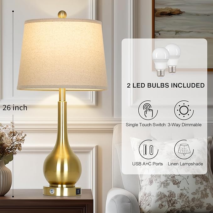 Rinweey 26" Gold Lamps Set of 2 for Living Room, Touch Control Table Lamps for Bedroom, 3-Way Dimmable Bedside Lamps for Nightstand with with USB A+C Ports (2 LED Bulbs Included)