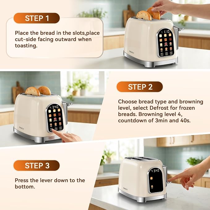 RONGBEST Retro 2 Slice Touchscreen Toaster with Stainless Steel Wide Slot for Breakfast Bread Bagel, Reheat & Defrost, 6 Browning Levels, Removable Crumb Tray, Cream Color
