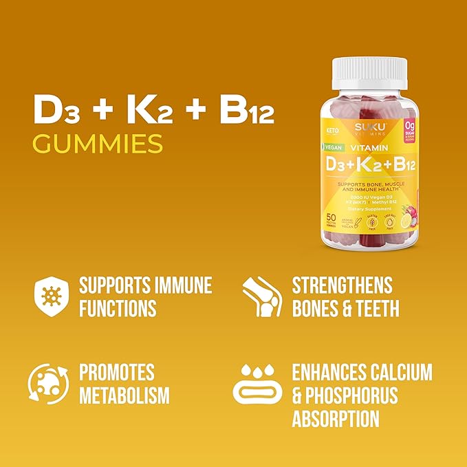 SUKU Vitamins ビーガンD3 + K2 + B12 シュガーフリー＆シュガーアルコールフリー ケト 2000IU ビタミンD グミサプリメント 丈夫な骨、免疫機能、健康な代謝をサポート レモンドラゴンフルーツ風味 (グミ50粒)