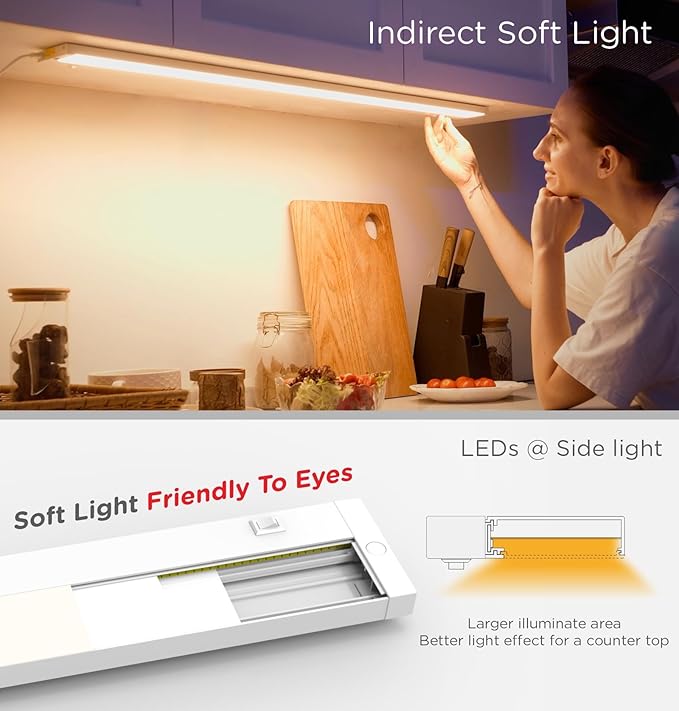 18 Inch Under Cabinet Lighting Plug in, 10W 120V 3 Color 3000K/4000K/5000K, 3 Brightness, Super Bright, Ultra Thin Under Counter Lights for Kitchen, Linkable LED Cabinet Light, White 4 Pack
