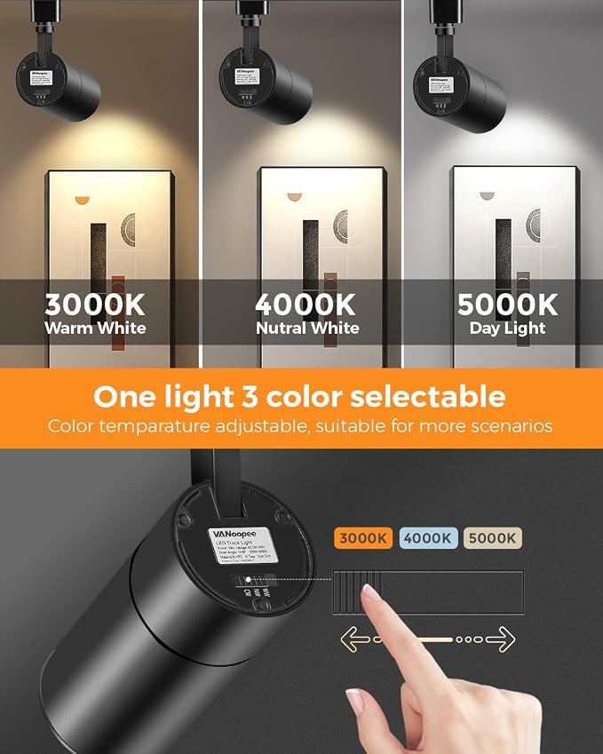 VANoopee 3-Color Zoomable 20W LED Track Lighting Heads H Type Track Light Heads Dimmable Bright Ceiling Spotlight Fixtures for Kitchen, 3000K 4000K 5000K Adjustable, CRI90+ 15°-60° 2000lm Black 4 Pack