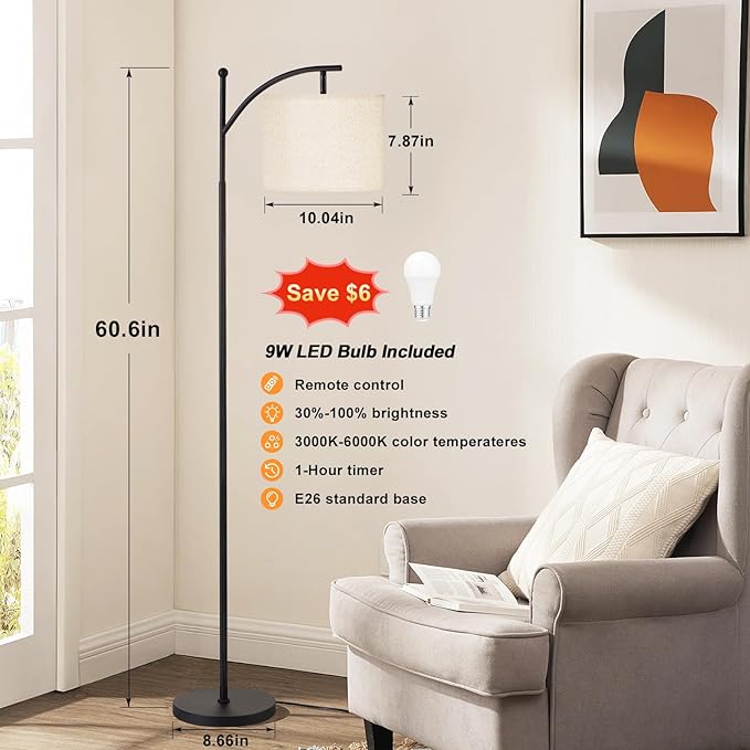 Ambimall 60" Floor Lamp with Remote Control and Stepless Dimmable Bulb, Colors Temperature & Brightness Adjustable, Modern Floor Lamps for Living Room, Deep Beige Shade & Black Pole
