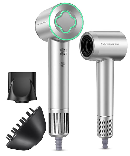 Cosy Companions High-Speed Ionic Hair Dryer, 150000 RPM Brushless Motor for 2-5Min Fast Drying, Low Noise Blow Dryer Reduces Frizz & Heat Damage, Lightweight Hair Dryer with Diffuser & Nozzle, Silvery